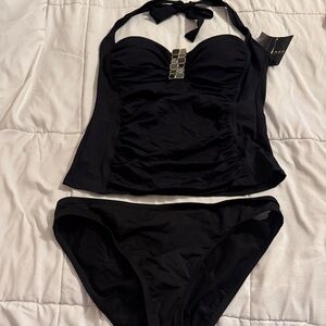 Black Women's Tankini Swim Set - Classic Ruched Halter Top and Bikini  size 8